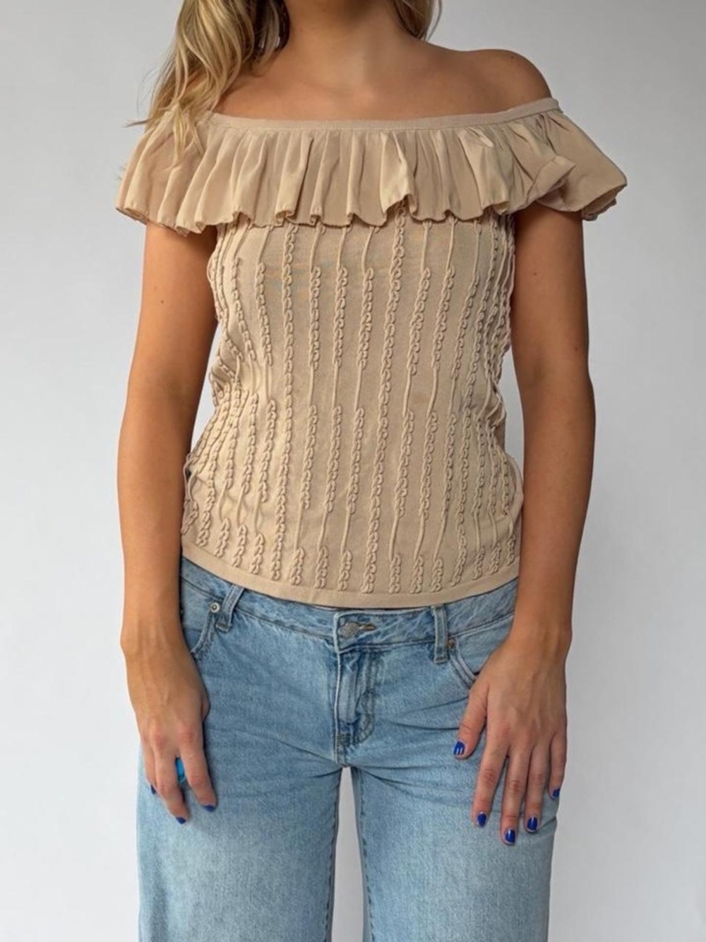 Off Shoulder Ruffle Top Small Tan